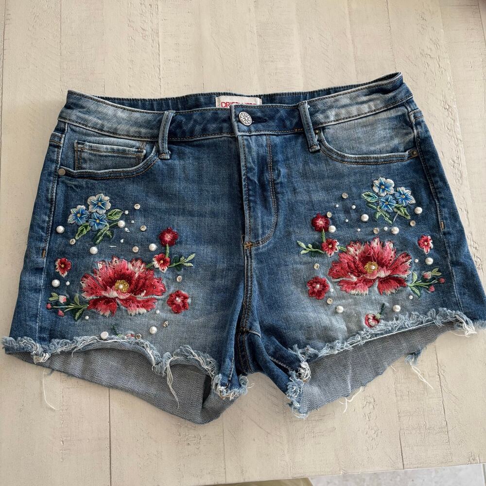 Driftwood Floral Embellished Boho Denim Shorts Size 29
